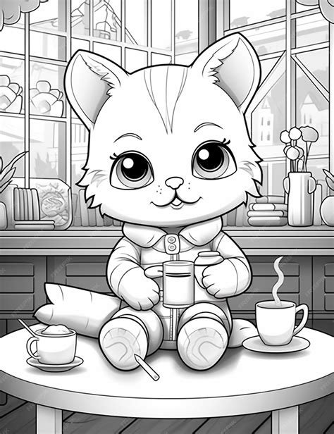 Premium Ai Image Cartoon Cat Sitting On A Table With A Cup Of Coffee