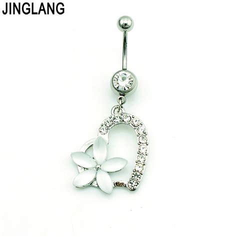 Jinglang Fashion Belly Button Rings Stainless Steel Barbells Dangle White Rhinestone Heart Mix