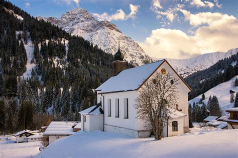 Mountain Church In The Alps Baad Kleinwalsertal Austria In Winter