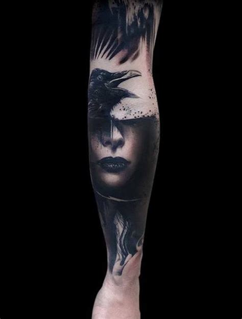 Awesome Portrait Of A Woman And Raven Tattoo On Forearm Tattooimagesbiz