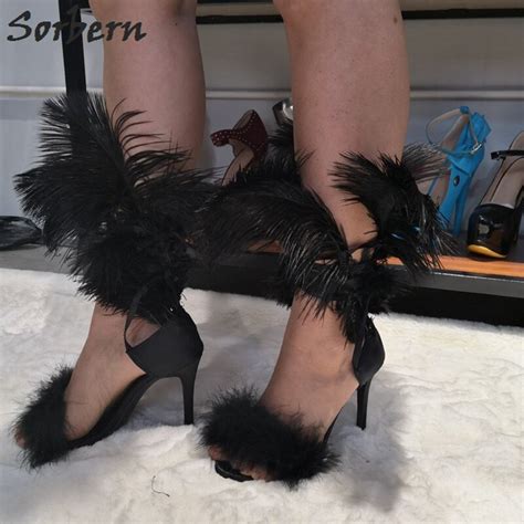 Sorbern Black Ostrich Feather Women Sandals High Heels Stilettos Summer Shoes Slingbacks One