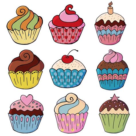 Conjunto De Iconos De Cupcakes Muffins En Estilo De Dibujo A Mano