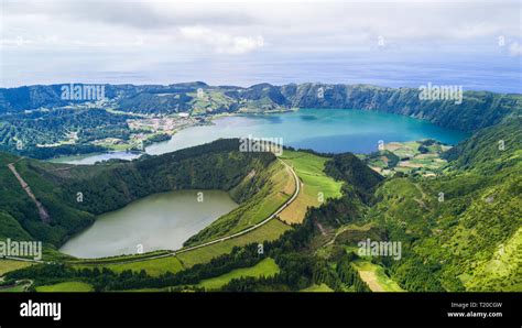 Aerial View Of Boca Do Inferno Lakes In Sete Cidades Volcanic Craters