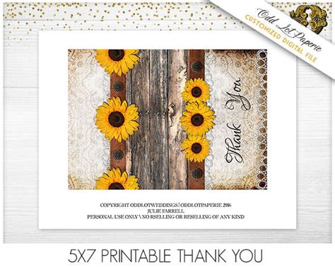 Sunflower Thank You Card Printable Country Rustic Thank You Etsy