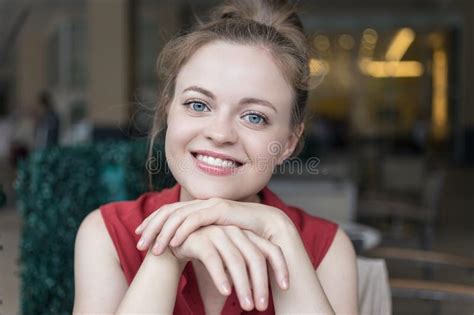 Close Up Portrait Of Smiling Pretty Beautiful Attractive Caucasian Woman Girl Stock Image