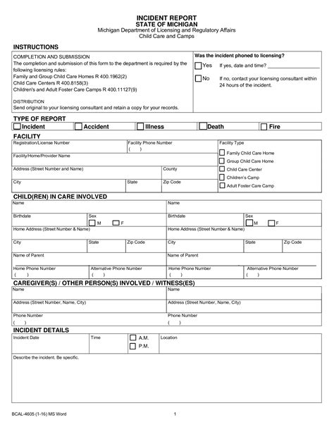 Childcare Incident Report Template