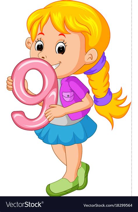 Cute Child Holding Balloon With Number Nine Vector Image