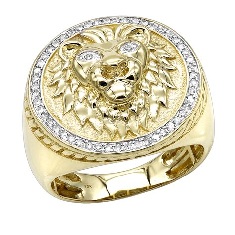 Solid 10k Gold Lion Head Diamond Ring For Men 03ct Luxurman Pinky Rings