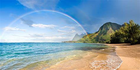 Beach Rainbows Sea Mountain Trees Sand Hawaii Island Clouds