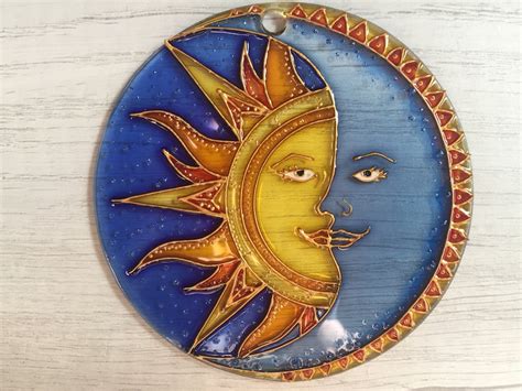 Sun Moon Stained Glass Celestial Decor Suncatcher For Window Etsy