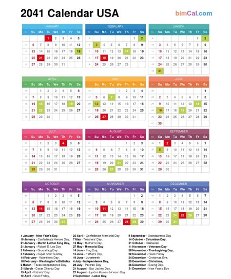 2041 Calendar Usa Bimcal