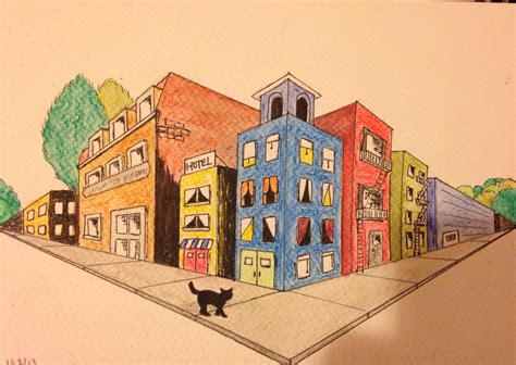 Cat Surveying A City My Attempt At Two Point Perspective Drawing Two Point Perspective City
