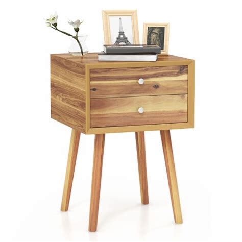 Gymax Wooden Nightstand Mid Century End Side Table Bedroom W2 Storage