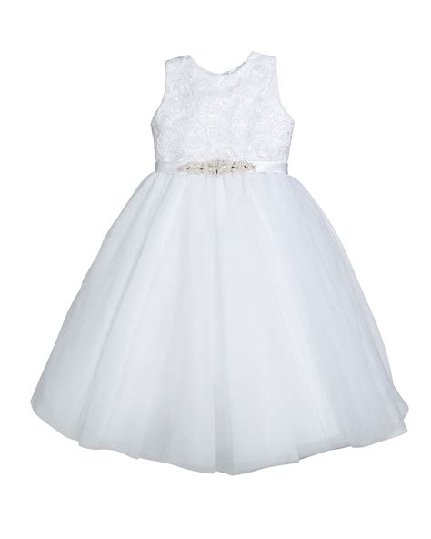 Joan Calabrese Kids Tulle Embroidered Dress W Crystal Belt In White