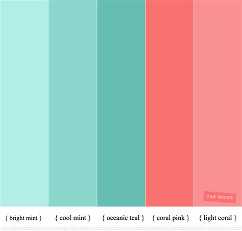 The hex codes can be found underneath each of the color swatches. Coral and mint color palette | Coral and mint color scheme