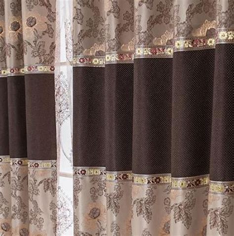 Brown Floral Jacuard Polyester Color Block Country Curtains For Bedroom