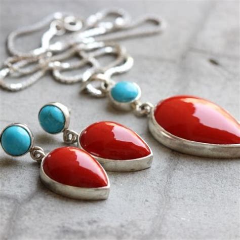 Red Coral Turquoise Silver Pendant Earrings Set Artisan Set Red