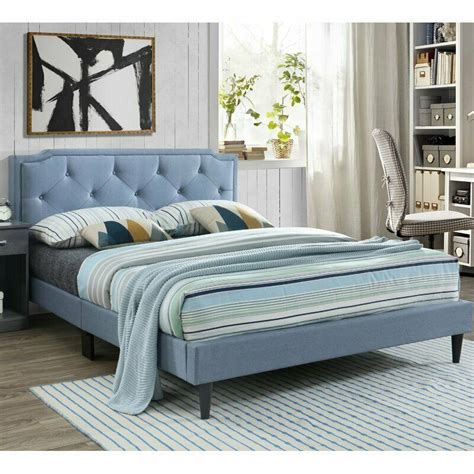 Amolife upholstered bed frame with adjustable led lights headboard/deluxe solid modern platform bed with slat support/low profile curved faux leather. Twin Full Queen King Blue Upholstered Bed Frame Rhinestone ...