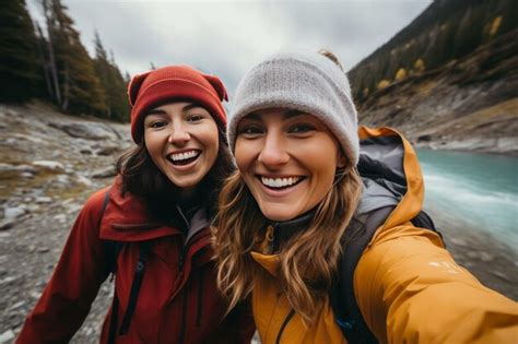 Premium AI Image Two Female Friends Taking Selfies By A River During