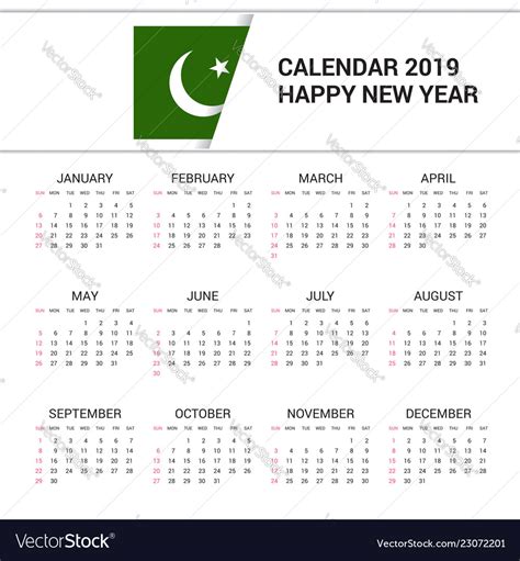 Calendar 2019 Pakistan Flag Background English Vector Image