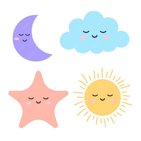 Set Van Maan Wolk Zon En Ster Kinder Set Vector Illustratie Premium