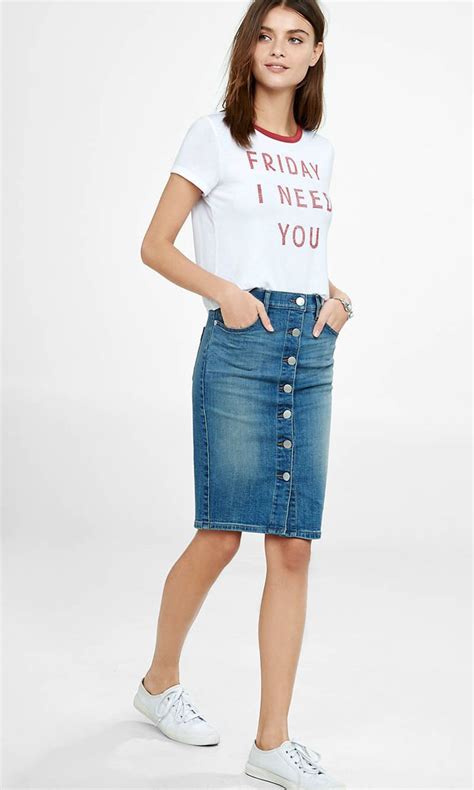 High Waisted Button Front Denim Pencil Skirt Express Pencil Skirt Outfits Denim Pencil