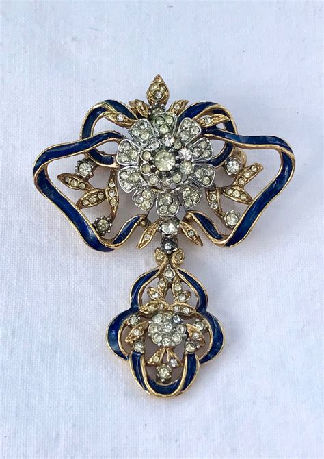 Vintage Attwood Sawyer Goldtone Rhinestone Blue Enamel Crown Jewels Brooch Such A Stunning