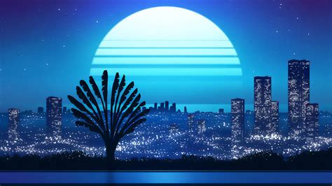Download Blue Retrowave Moon City Wallpaper