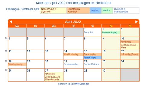 Nederland Kalender Voor Afdrukken April 2022