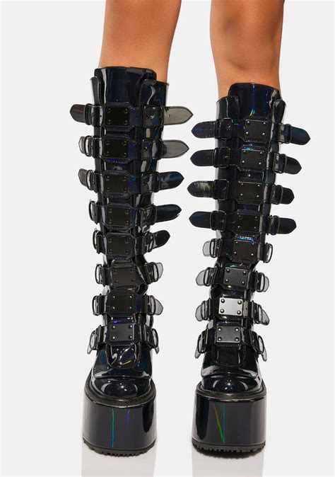 Demonia Swing 815 Buckle Knee High Boots Holographic Black Patent Rave Shoes Knee High