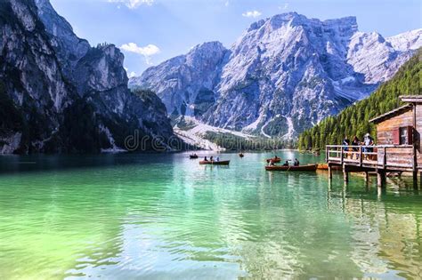 Lago Di Braies Beautiful Lake In The Dolomites Editorial Stock Image