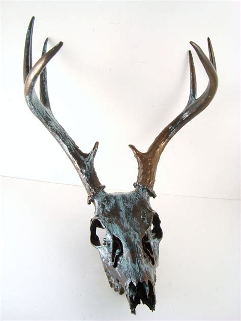 Bronze Aged Natural Turquoise Patina Deer Skull Art Sculpture