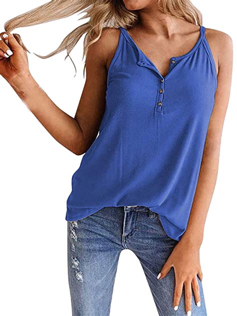 Womens Button Down V Neck Strappy Vest Tank Tops Loose Casual