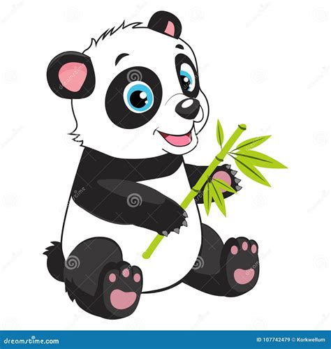 Cartoon Panda Eats Bamboo Branch Little Funny Bear Panda Vector Image