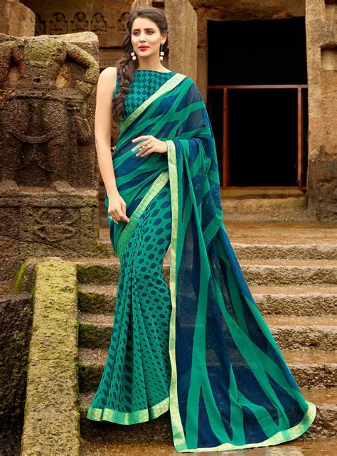 Buy Sea Green Georgette Printed Saree With Blouse 108575 With Blouse Online At Lowest Price From