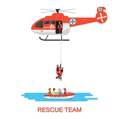 Equipo De Rescate Con Rescate De Helicóptero Y Bote Vector Premium