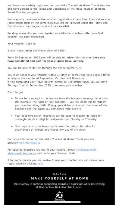 Not only do tasmania packages feature substantial discounts, by booking in bulk you can benefit from travel bonuses such as room upgrades, hotel vouchers, complimentary activities and more. Tasmanians to receive travel voucher confirmation emails by Wednesday morning, Premier says ...