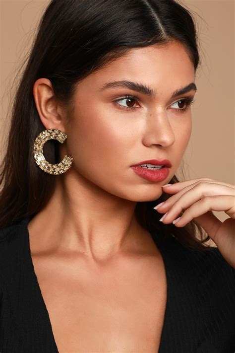 Gold Earrings Glam Earrings Baguette Rhinestone Earring Lulus
