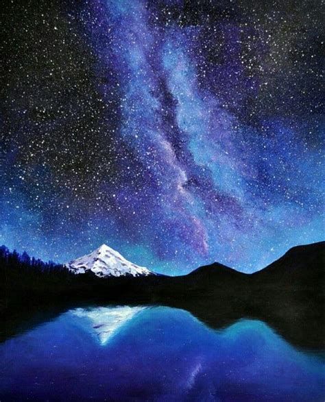 Acrylic Painting Starry Night With Silhouette Mountains And Snowy Peaks And Water Galaxy