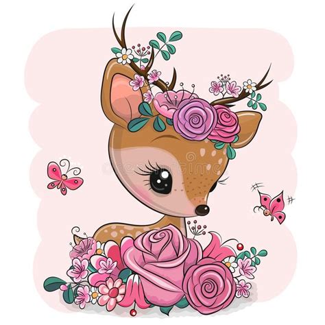 Woodland Deer With Flowers And Butterflies On A Pink Background Cute