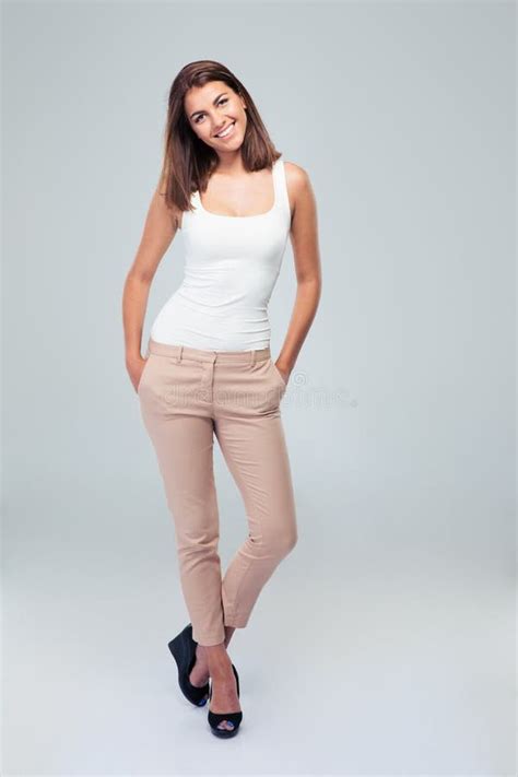 Full Length Portrait Of A Young Cheerful Woman Stock Image Image Of