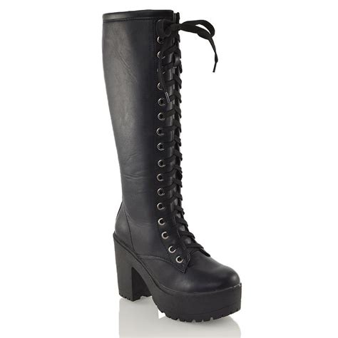 Ladies Knee High Chunky Cleated Platform Womens Goth Combat Lace Up Boots Ebay