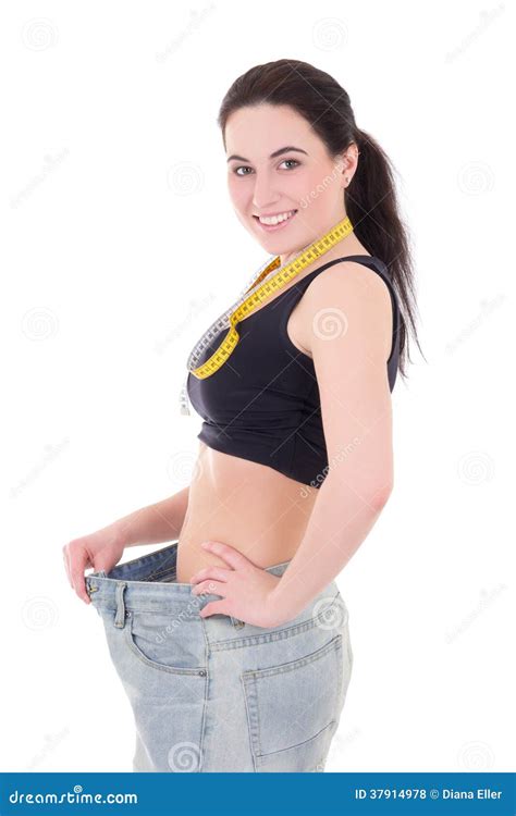 Weightloss Concept Happy Beautiful Slim Woman In Big Jeans Iso Stock