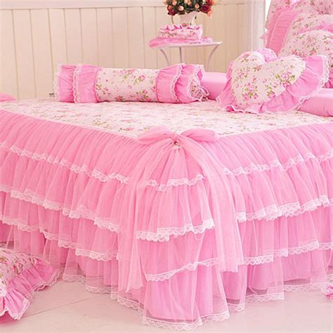 Korean Style Pink Lace Bedspread Bedding Set King Queen Size Rose Print Princess Duvet Cover Bed