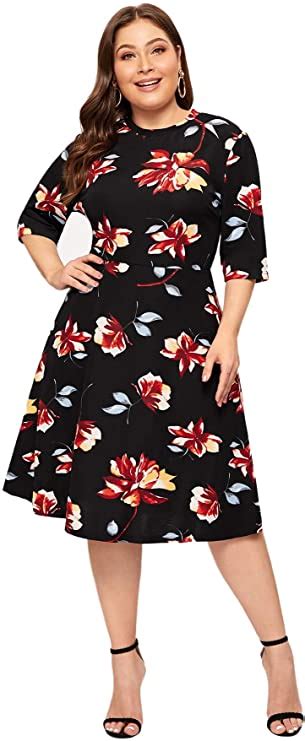 Womens Plus Size Elegant Floral Print Fit And Flare A Line Midi Wf