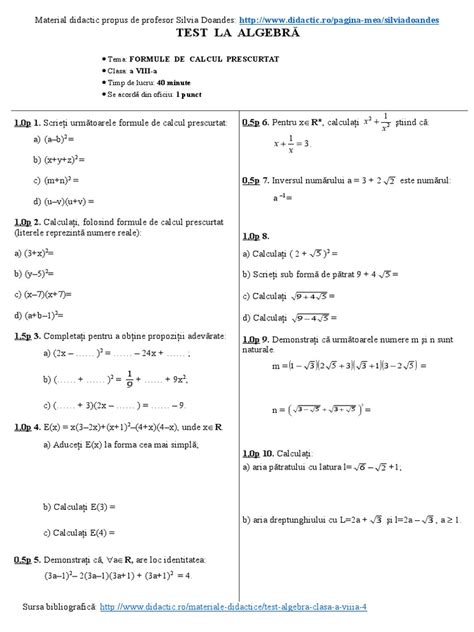 Test Algebra Clasa A Viii A Formule De Calcul Prescurtat Pdf