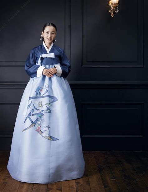 Modern Hanbok Traditional Korean Dress With Simple Blue Jeorgori And