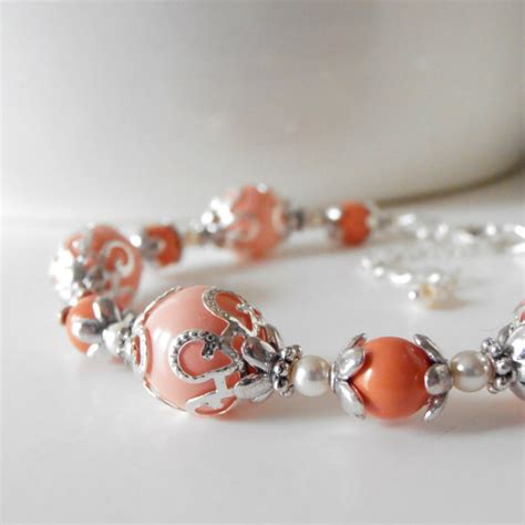 Coral Bridal Party Jewelry Coral Pearl Bracelets In Silver Beaded
