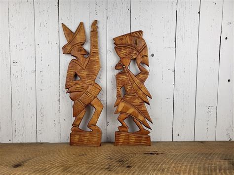 Vintage Set Of Two Hand Carved African Wall Hanging Art Man Woman