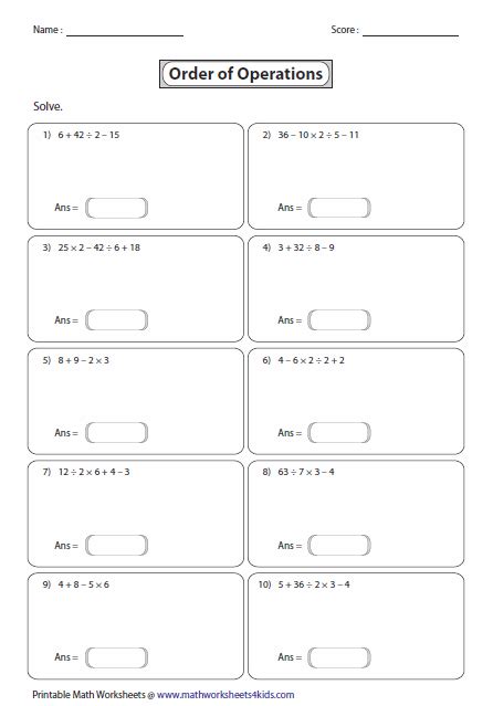 Order Of Operations Worksheets